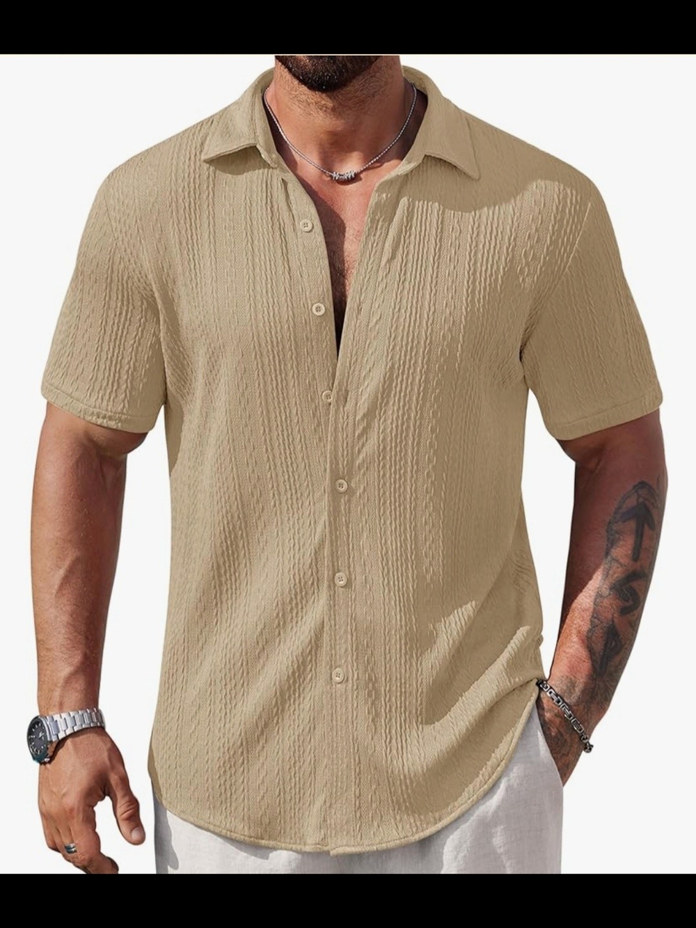 Mens Casual Textured Shirt Knit Short Sleeve Button Down